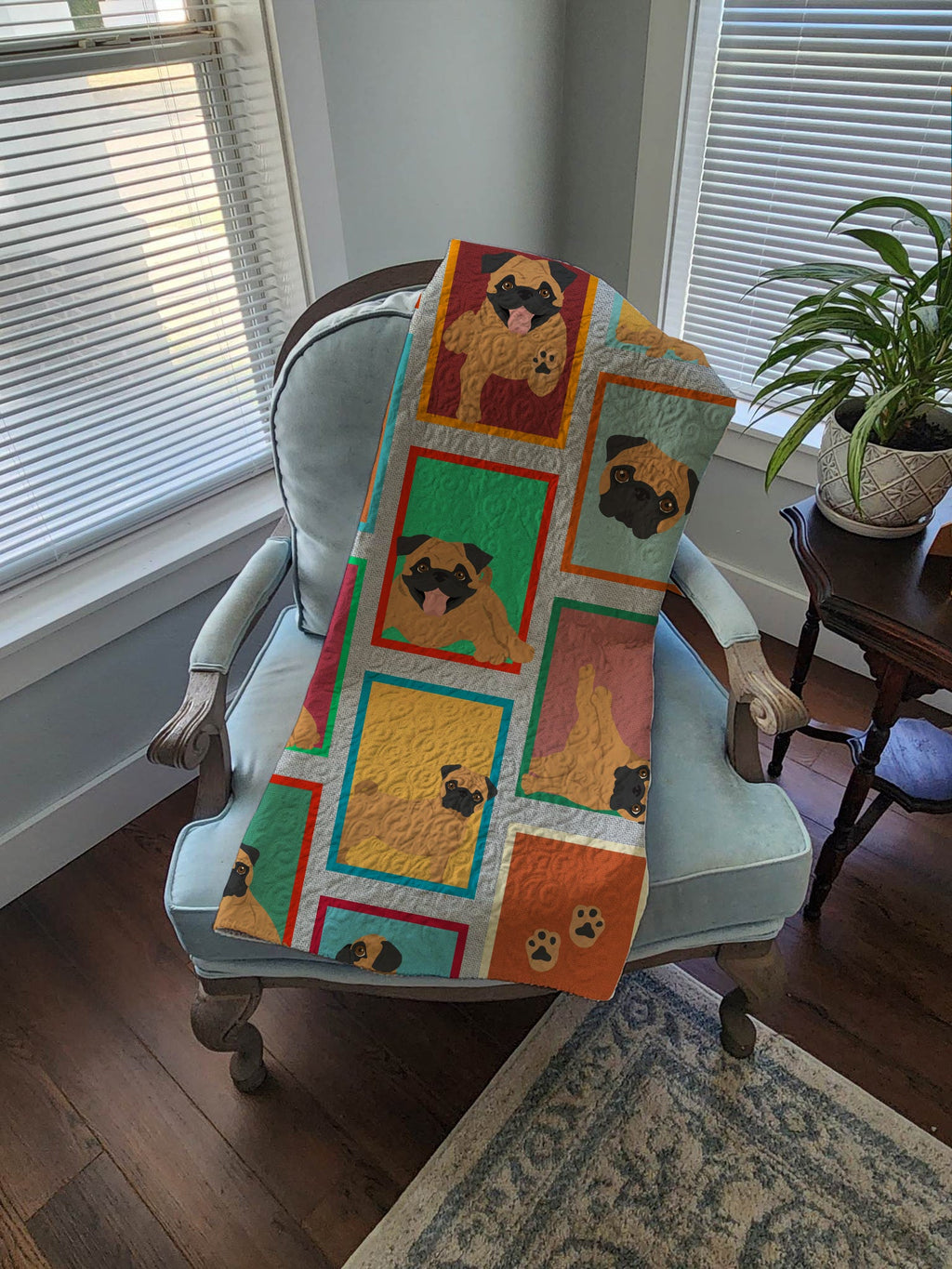 Lots of Apricot Pug Quilted Blanket 50x60 Artwork Pattern Quilted Throw Blanket for Bed, Couch, Sofa, Soft and Lightweight