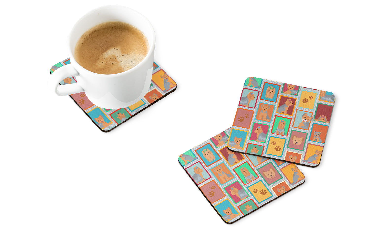Lots of Blue and Tan Yorkie Foam Coasters Set of 4 Cup Coasters for Indoor Outdoor, Tabletop Protection, Anti Slip, Mouse pad Material