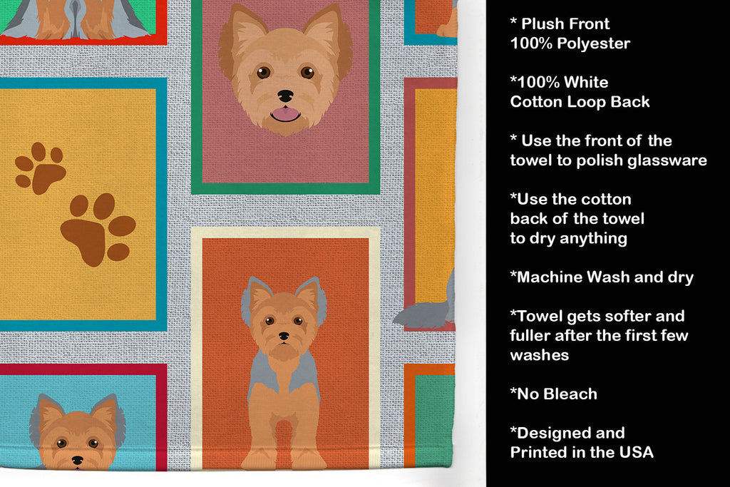 Lots of Blue and Tan Yorkie Kitchen Towel Velour Plush Front and Cotton Loop Back Machine Washable