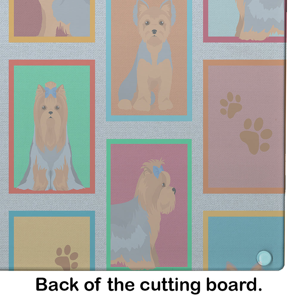 Lots of Blue and Tan Yorkie Cutting Board Tempered Glass Kitchen Cutting Surface, Heat Resistant Chopping, Non-Slip Feet, Food Prep & Serving