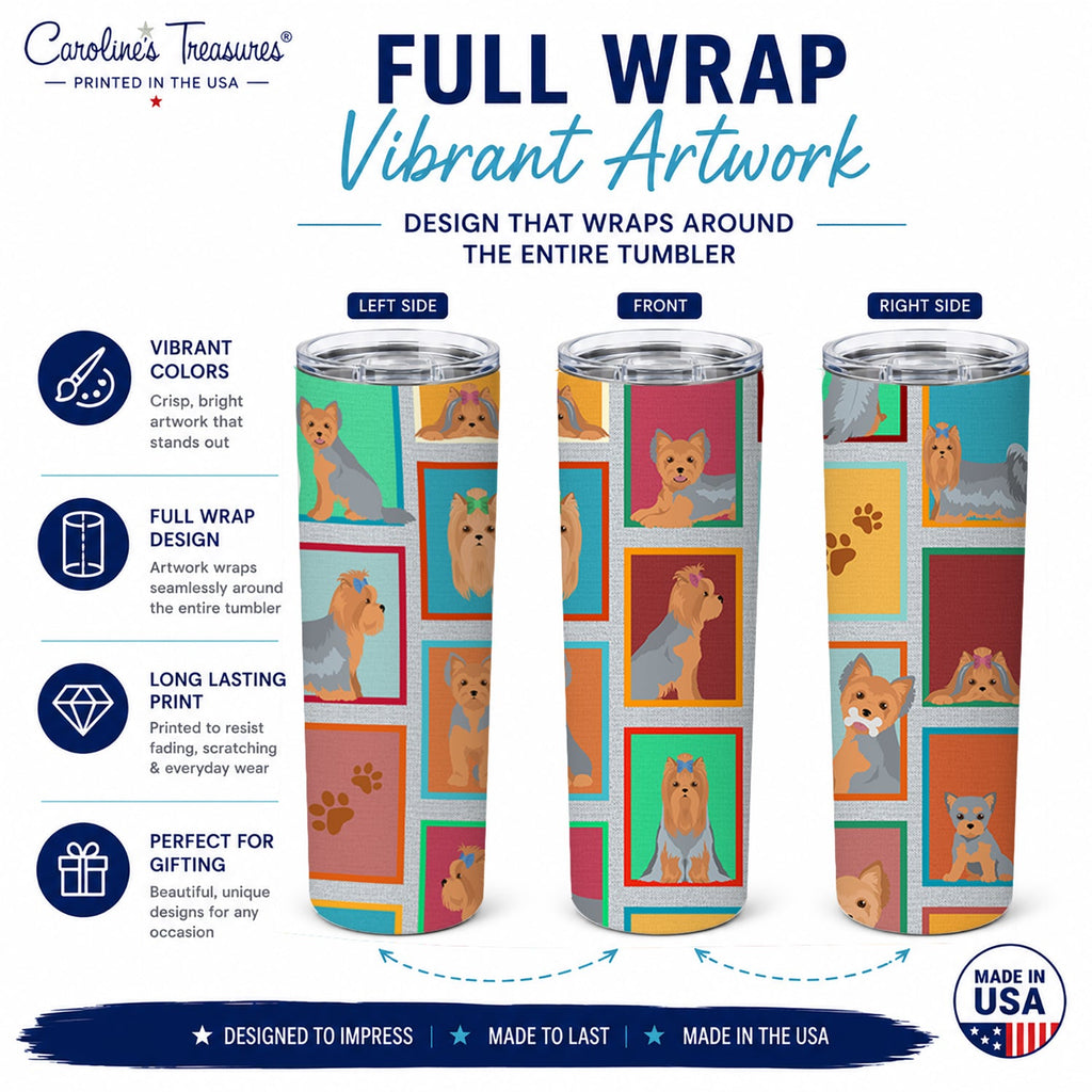 Lots of Blue and Tan Yorkie Stainless Steel Skinny Tumbler 20 oz Vacuum Double Walled Reusable Insulated Travel Cup