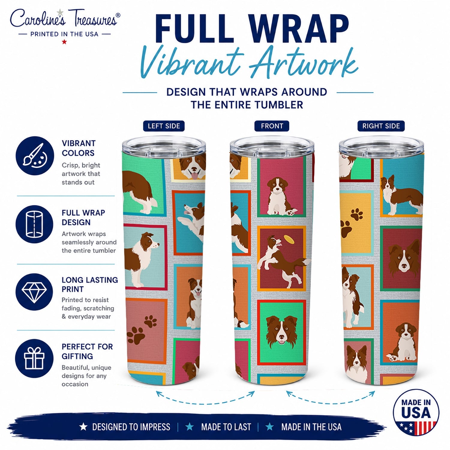 Lots of Red Border Collie Stainless Steel Skinny Tumbler 20 oz Vacuum Double Walled Reusable Insulated Travel Cup