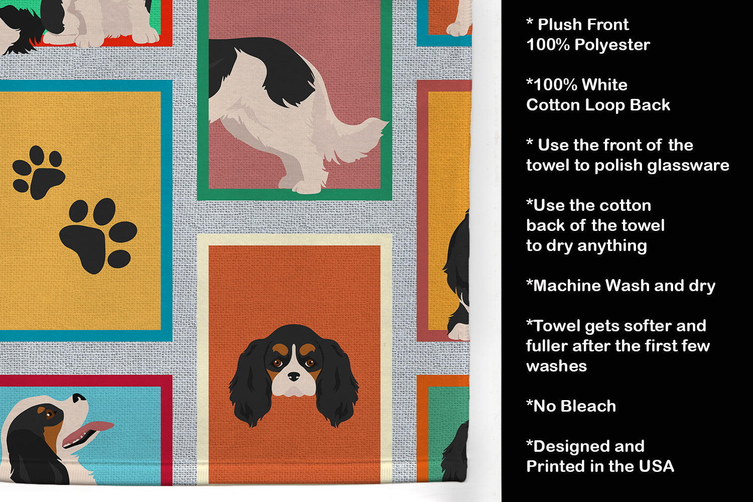 Lots of Tricolor Cavalier Spaniel Kitchen Towel Velour Plush Front and Cotton Loop Back Machine Washable