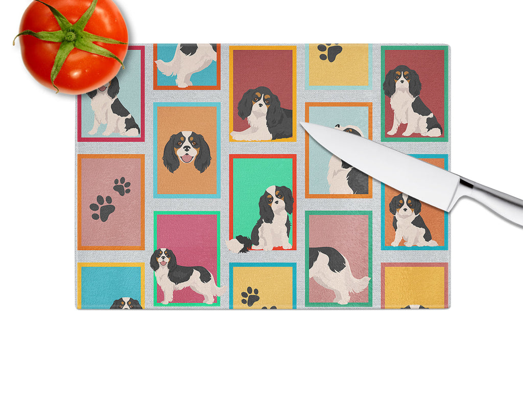 Lots of Tricolor Cavalier Spaniel Cutting Board Tempered Glass Kitchen Cutting Surface, Heat Resistant Chopping, Non-Slip Feet, Food Prep & Serving