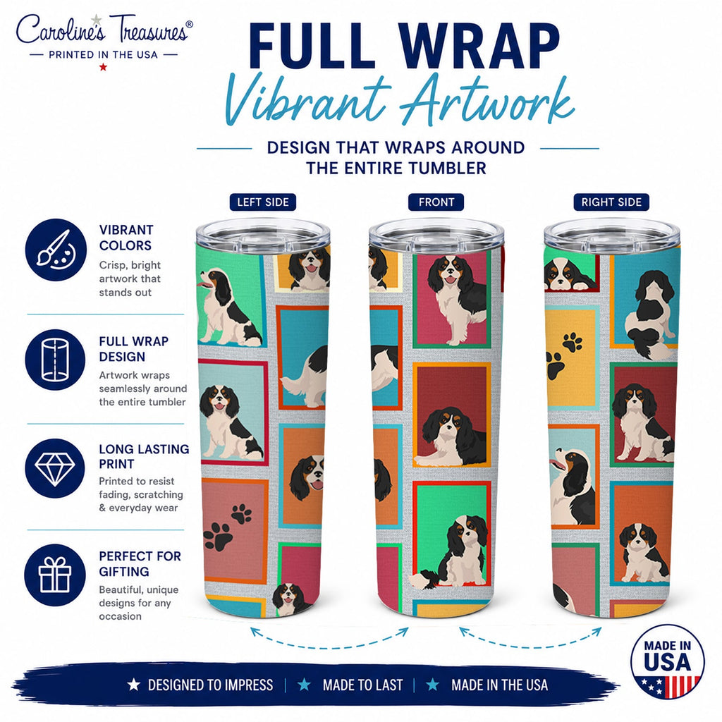 Lots of Tricolor Cavalier Spaniel Stainless Steel Skinny Tumbler 20 oz Vacuum Double Walled Reusable Insulated Travel Cup