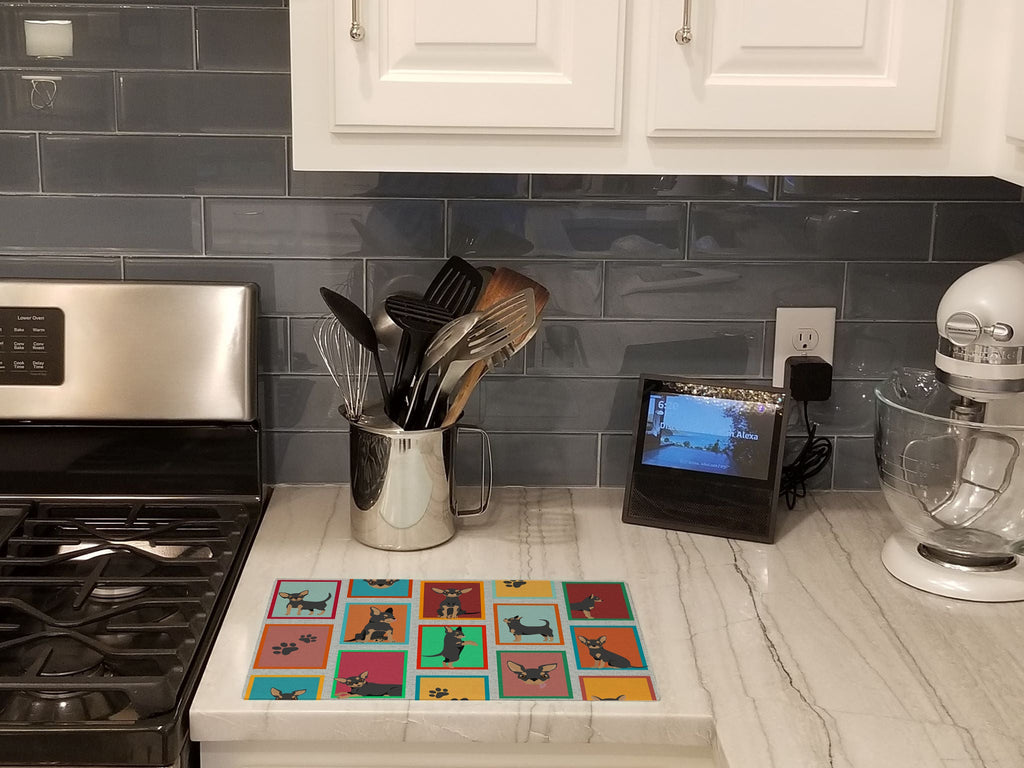 Lots of Black and Tan Chihuahua Cutting Board Tempered Glass Kitchen Cutting Surface, Heat Resistant Chopping, Non-Slip Feet, Food Prep & Serving
