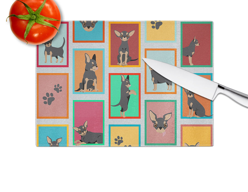 Lots of Black and Tan Chihuahua Cutting Board Tempered Glass Kitchen Cutting Surface, Heat Resistant Chopping, Non-Slip Feet, Food Prep & Serving