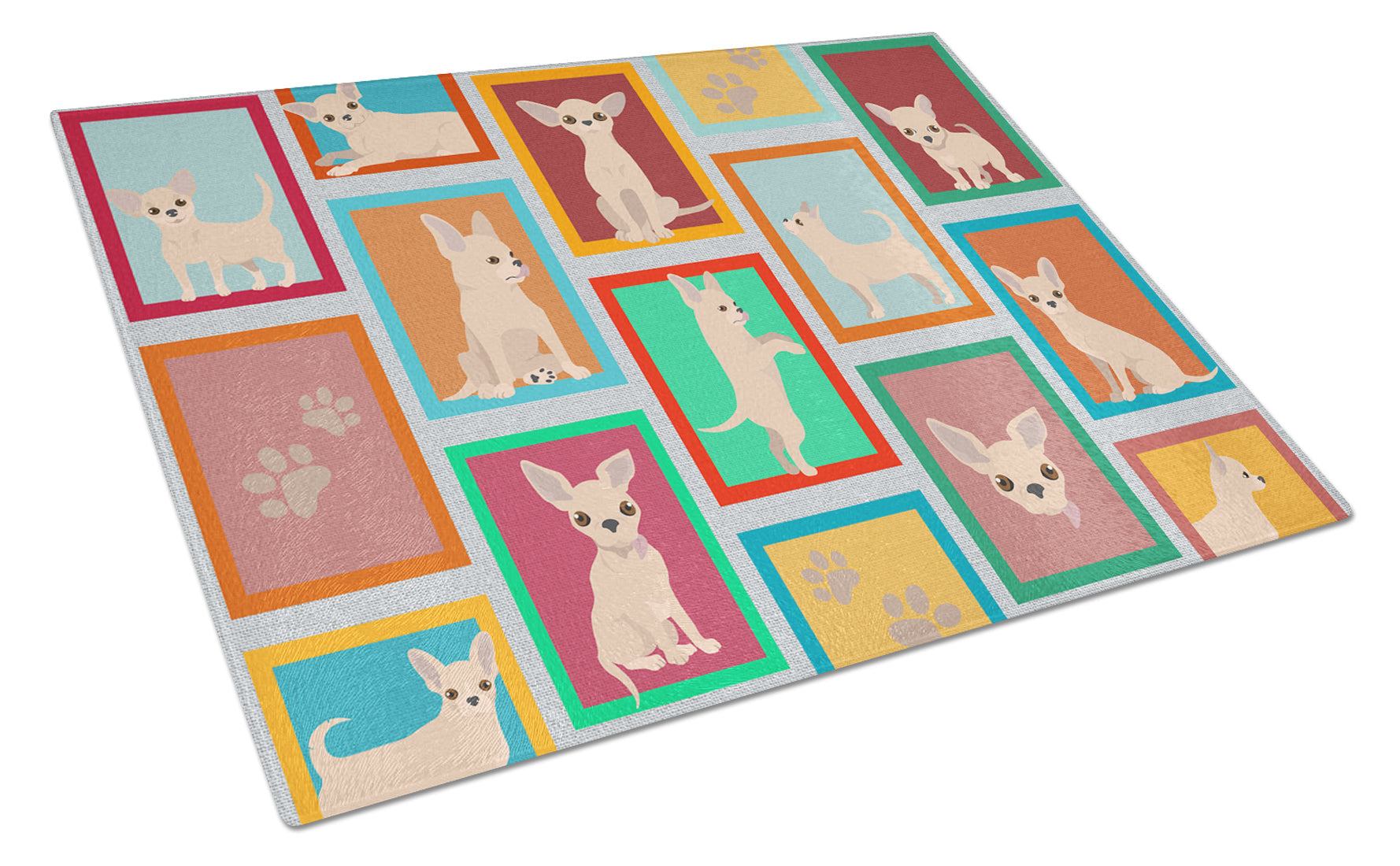 Lots of Cream Chihuahua Cutting Board Tempered Glass Kitchen Cutting Surface, Heat Resistant Chopping, Non-Slip Feet, Food Prep & Serving