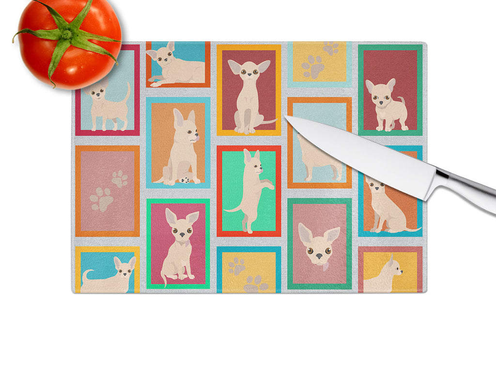 Lots of Cream Chihuahua Cutting Board Tempered Glass Kitchen Cutting Surface, Heat Resistant Chopping, Non-Slip Feet, Food Prep & Serving