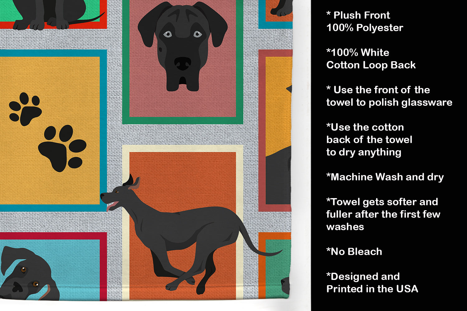 Lots of Black Great Dane Kitchen Towel Velour Plush Front and Cotton Loop Back Machine Washable