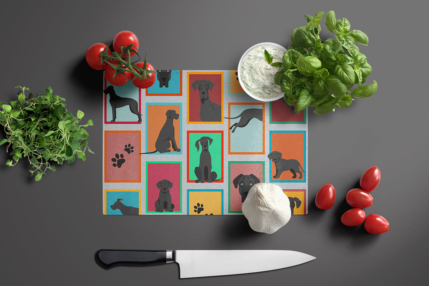 Lots of Black Great Dane Cutting Board Tempered Glass Kitchen Cutting Surface, Heat Resistant Chopping, Non-Slip Feet, Food Prep & Serving