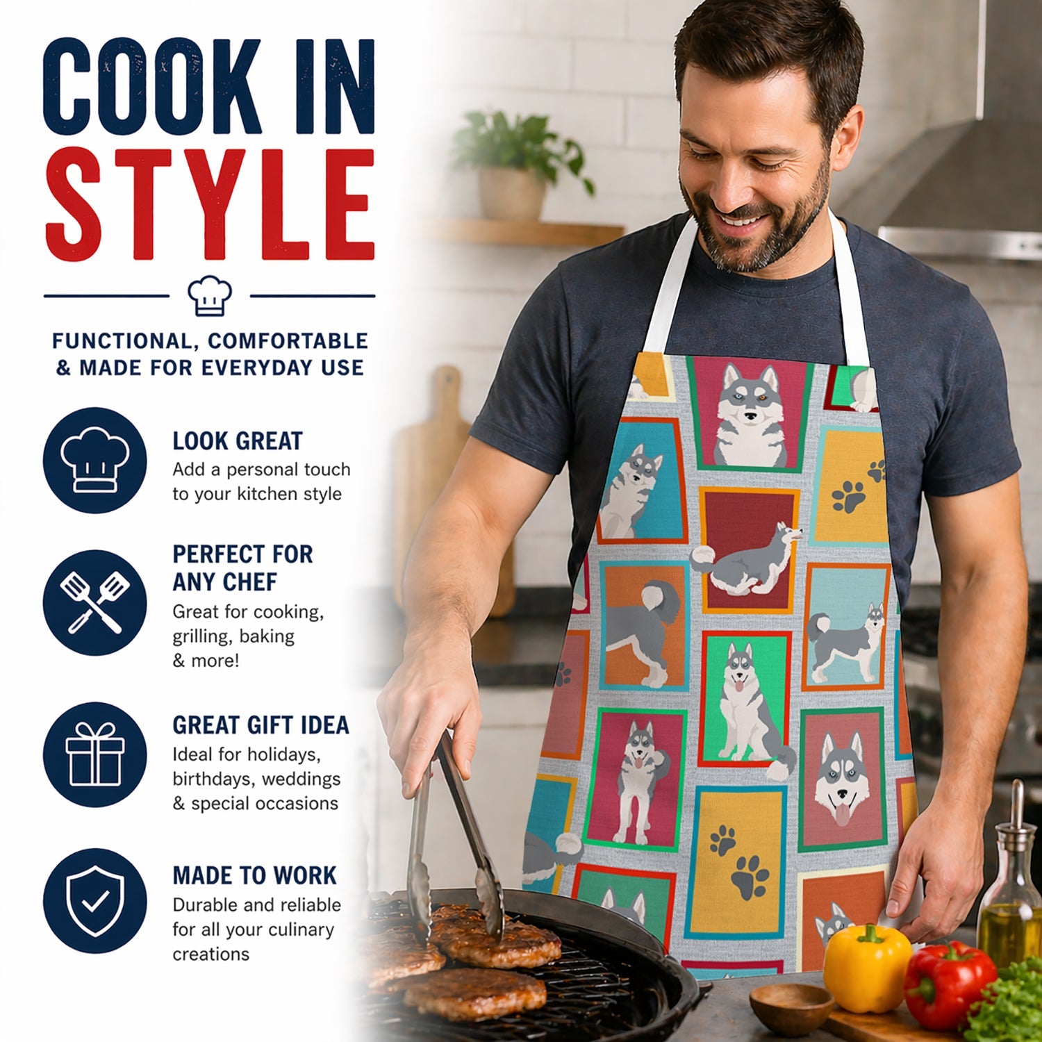 Lots of Grey Siberian Husky Apron Cooking Kitchen Server Baking Crafts Gardening for Adult Women Men, Unisex, Large, Multicolor