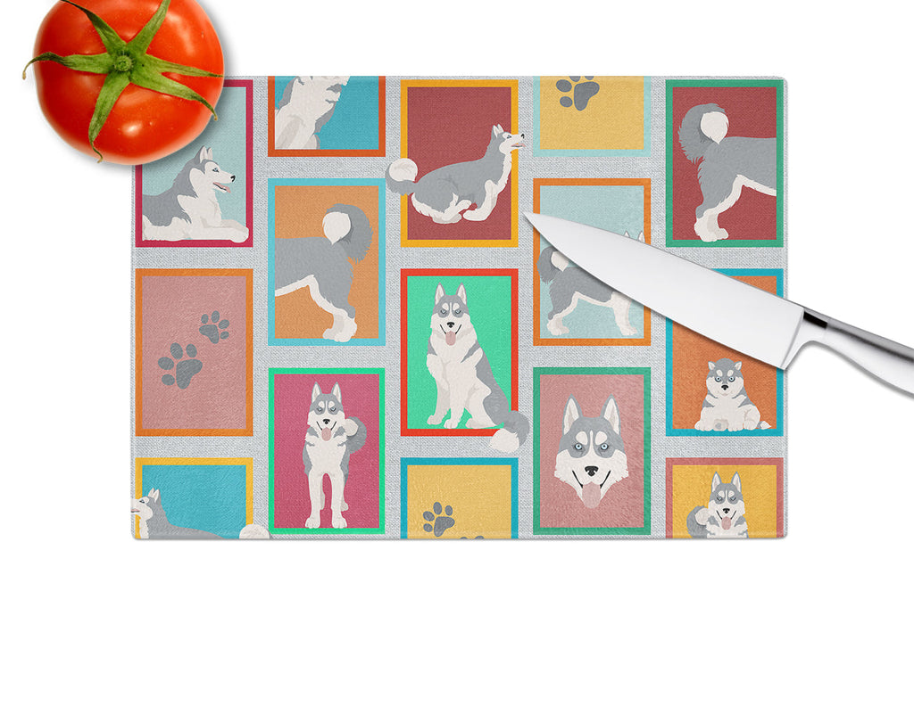 Lots of Grey Siberian Husky Cutting Board Tempered Glass Kitchen Cutting Surface, Heat Resistant Chopping, Non-Slip Feet, Food Prep & Serving