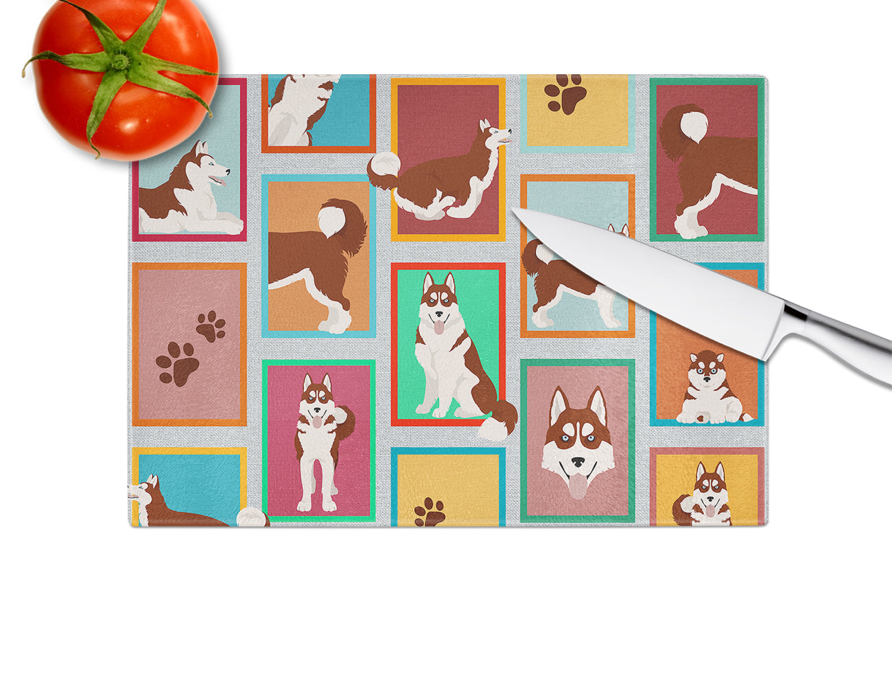 Lots of Red Siberian Husky Cutting Board Tempered Glass Kitchen Cutting Surface, Heat Resistant Chopping, Non-Slip Feet, Food Prep & Serving