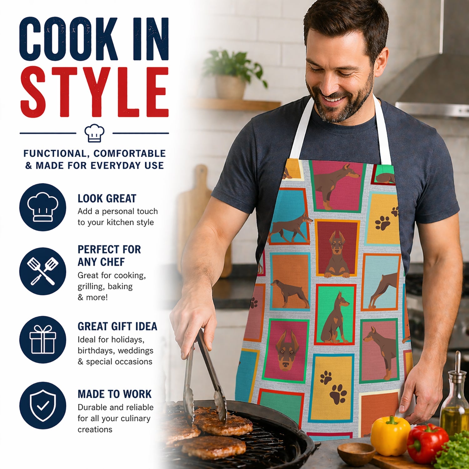 Lots of Red Doberman Pinscher Apron Cooking Kitchen Server Baking Crafts Gardening for Adult Women Men, Unisex, Large, Multicolor