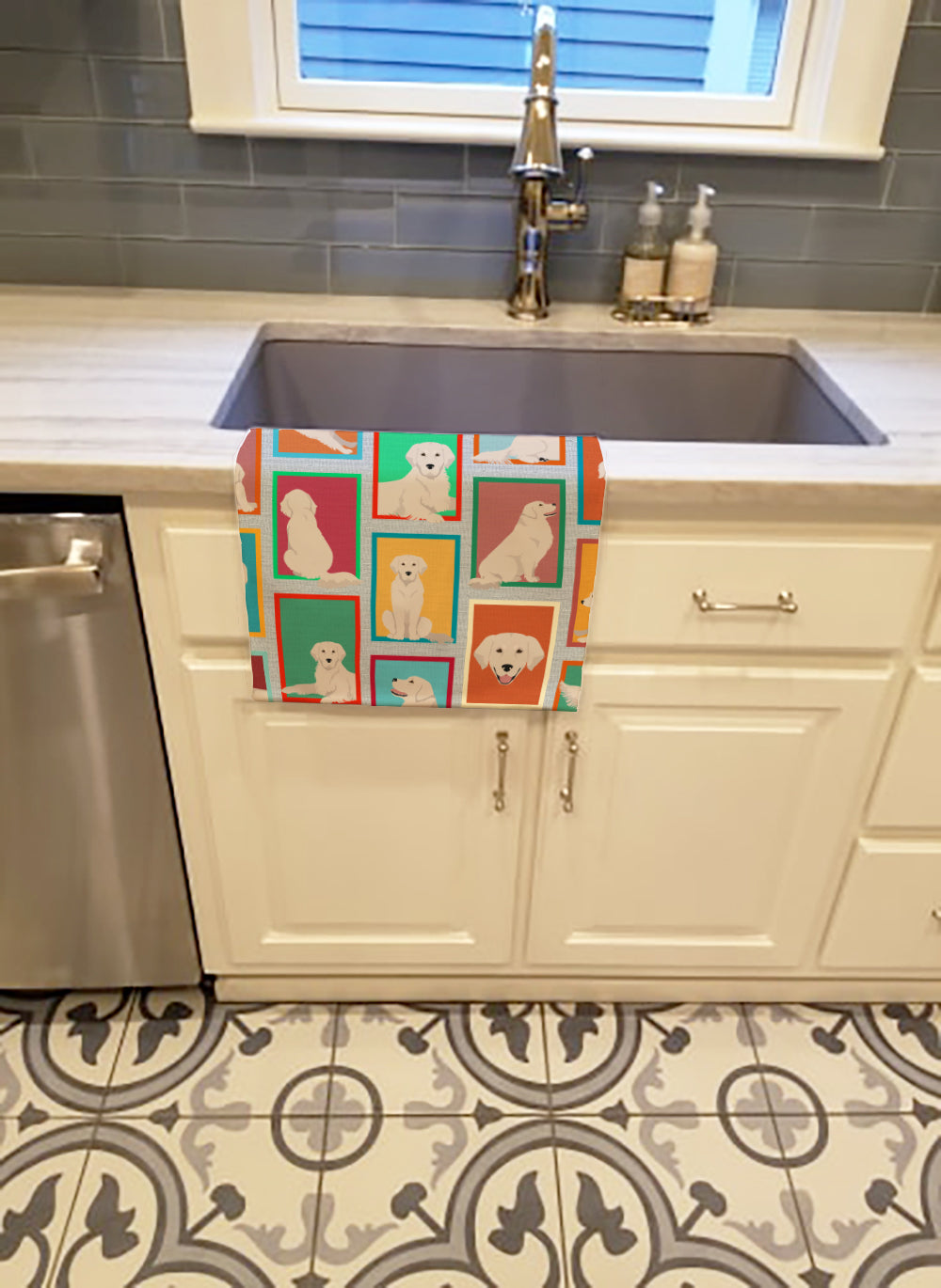 Lots of Cream Golden Retriever Kitchen Towel Velour Plush Front and Cotton Loop Back Machine Washable