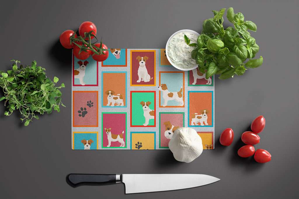 Lots of Red and White Jack Russell Terrier Cutting Board Tempered Glass Kitchen Cutting Surface, Heat Resistant Chopping, Non-Slip Feet, Food Prep & Serving