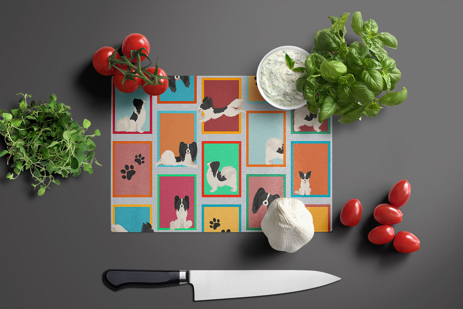 Lots of Black and Whtie Papillon Cutting Board Tempered Glass Kitchen Cutting Surface, Heat Resistant Chopping, Non-Slip Feet, Food Prep & Serving