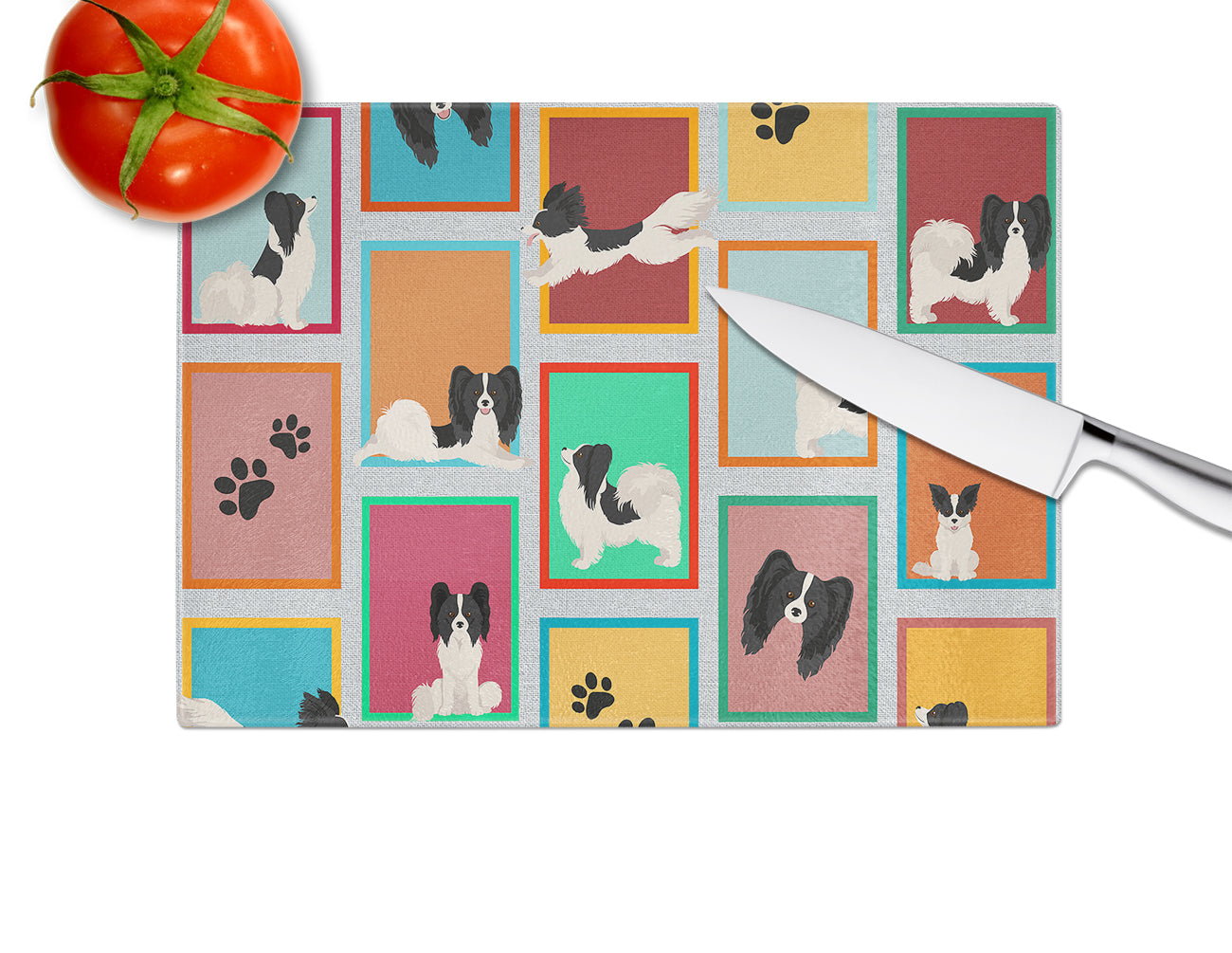 Lots of Black and Whtie Papillon Cutting Board Tempered Glass Kitchen Cutting Surface, Heat Resistant Chopping, Non-Slip Feet, Food Prep & Serving