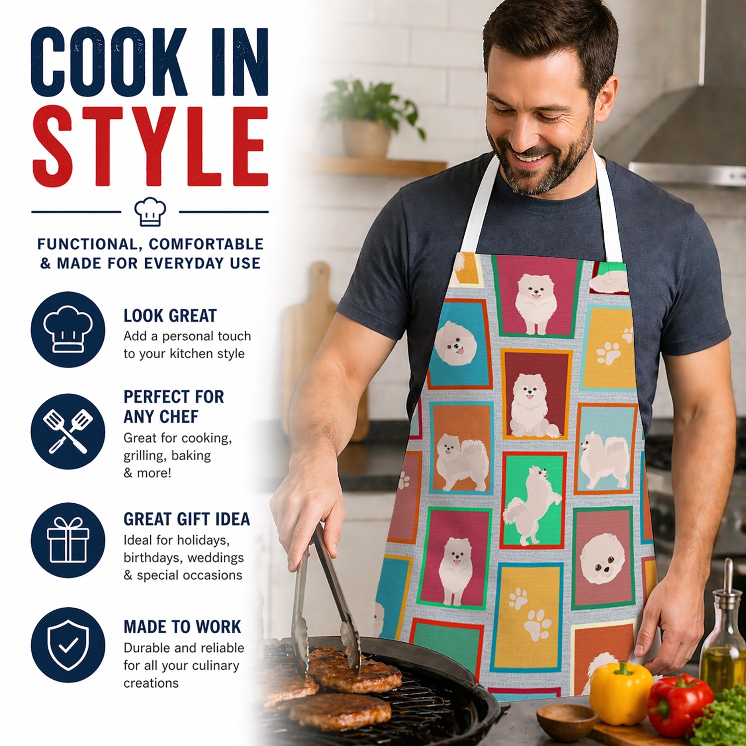 Lots of White Pomeranian Apron Cooking Kitchen Server Baking Crafts Gardening for Adult Women Men, Unisex, Large, Multicolor