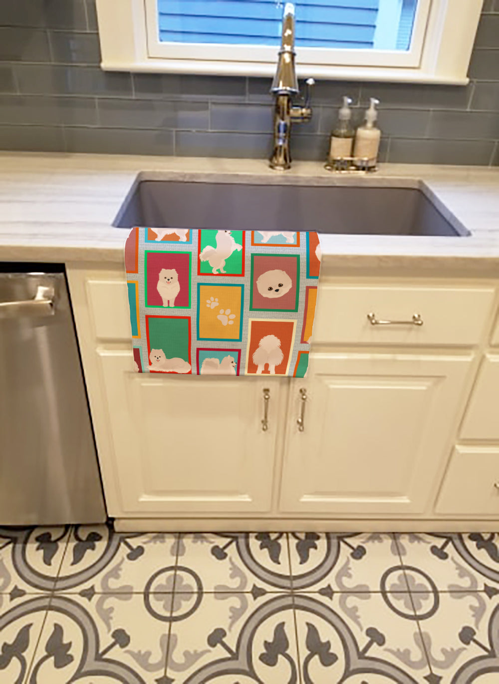 Lots of White Pomeranian Kitchen Towel Velour Plush Front and Cotton Loop Back Machine Washable