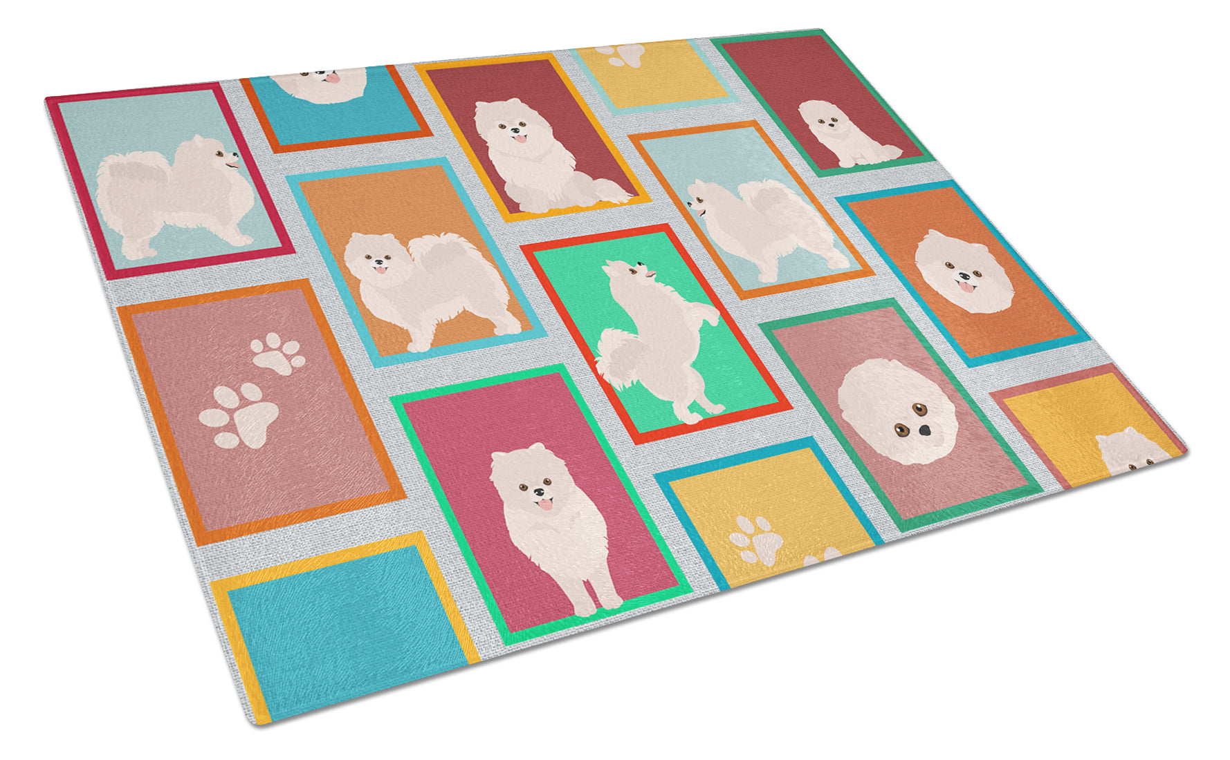 Lots of White Pomeranian Cutting Board Tempered Glass Kitchen Cutting Surface, Heat Resistant Chopping, Non-Slip Feet, Food Prep & Serving