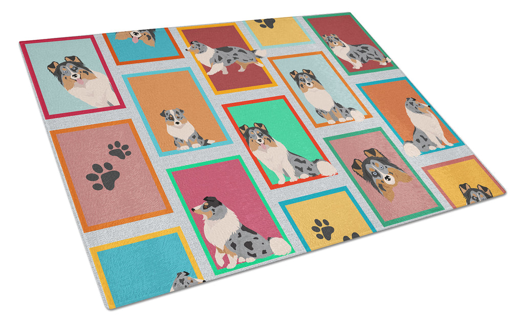 Lots of Blue Merle Sheltie Cutting Board Tempered Glass Kitchen Cutting Surface, Heat Resistant Chopping, Non-Slip Feet, Food Prep & Serving