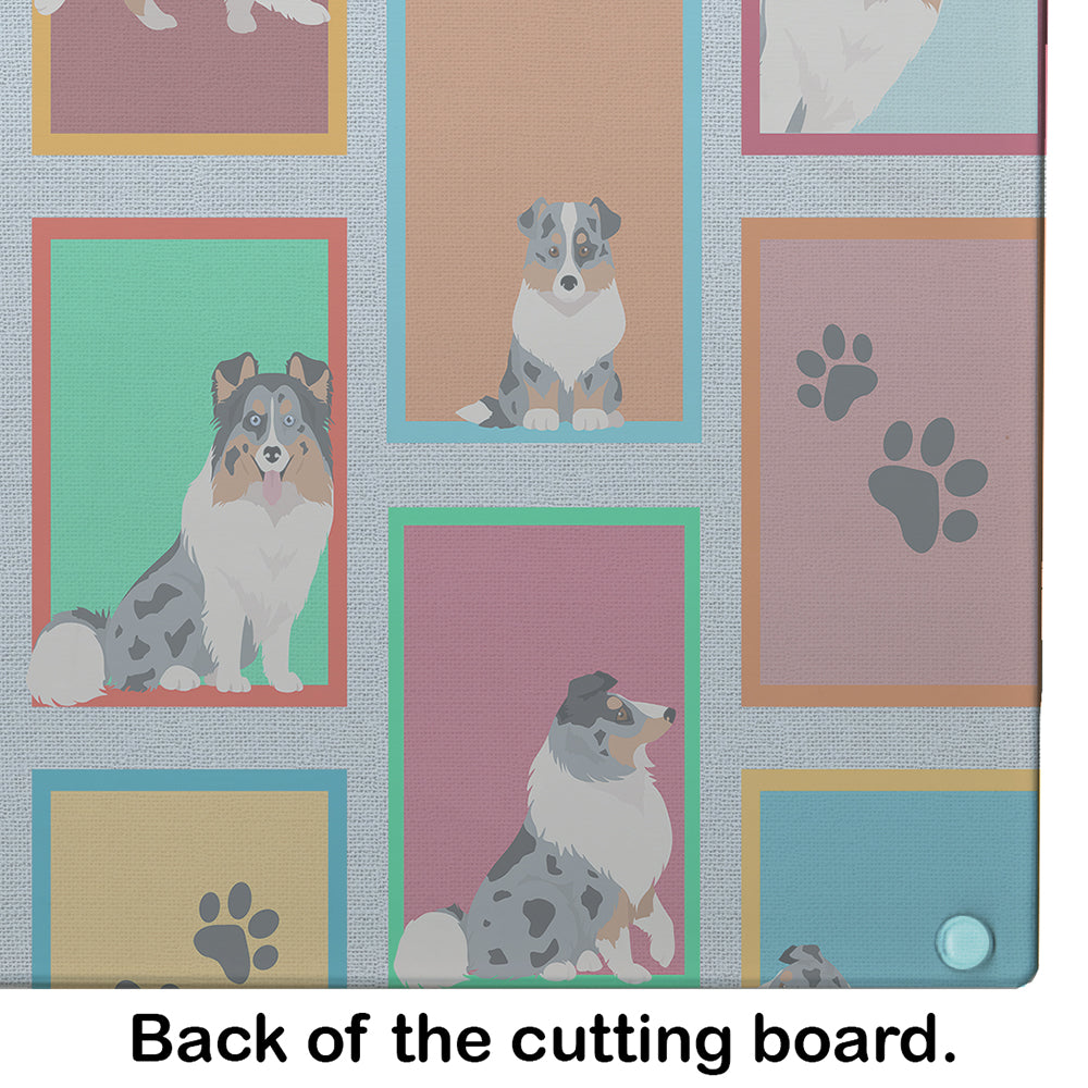Lots of Blue Merle Sheltie Cutting Board Tempered Glass Kitchen Cutting Surface, Heat Resistant Chopping, Non-Slip Feet, Food Prep & Serving