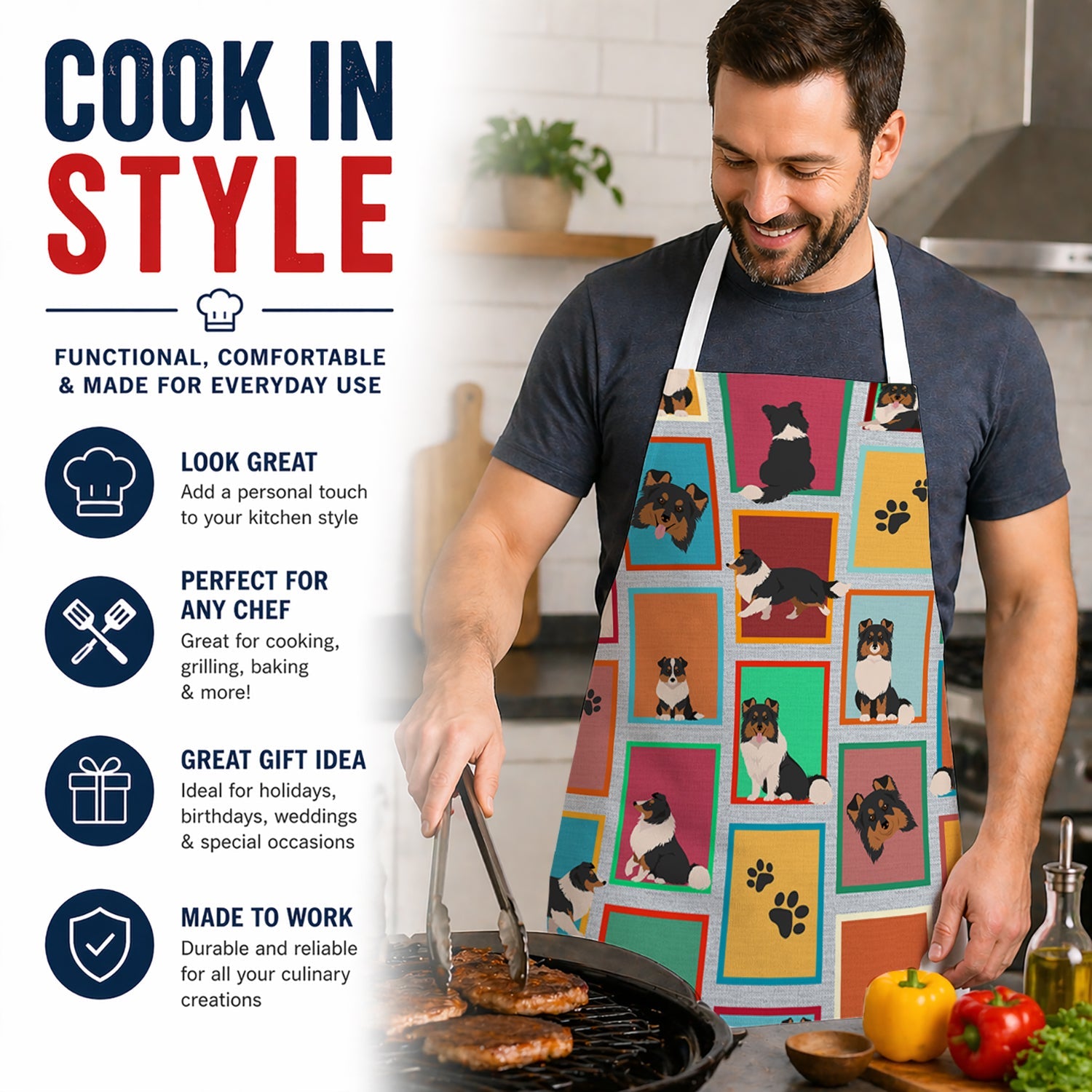 Lots of Tricolor Sheltie Apron Cooking Kitchen Server Baking Crafts Gardening for Adult Women Men, Unisex, Large, Multicolor