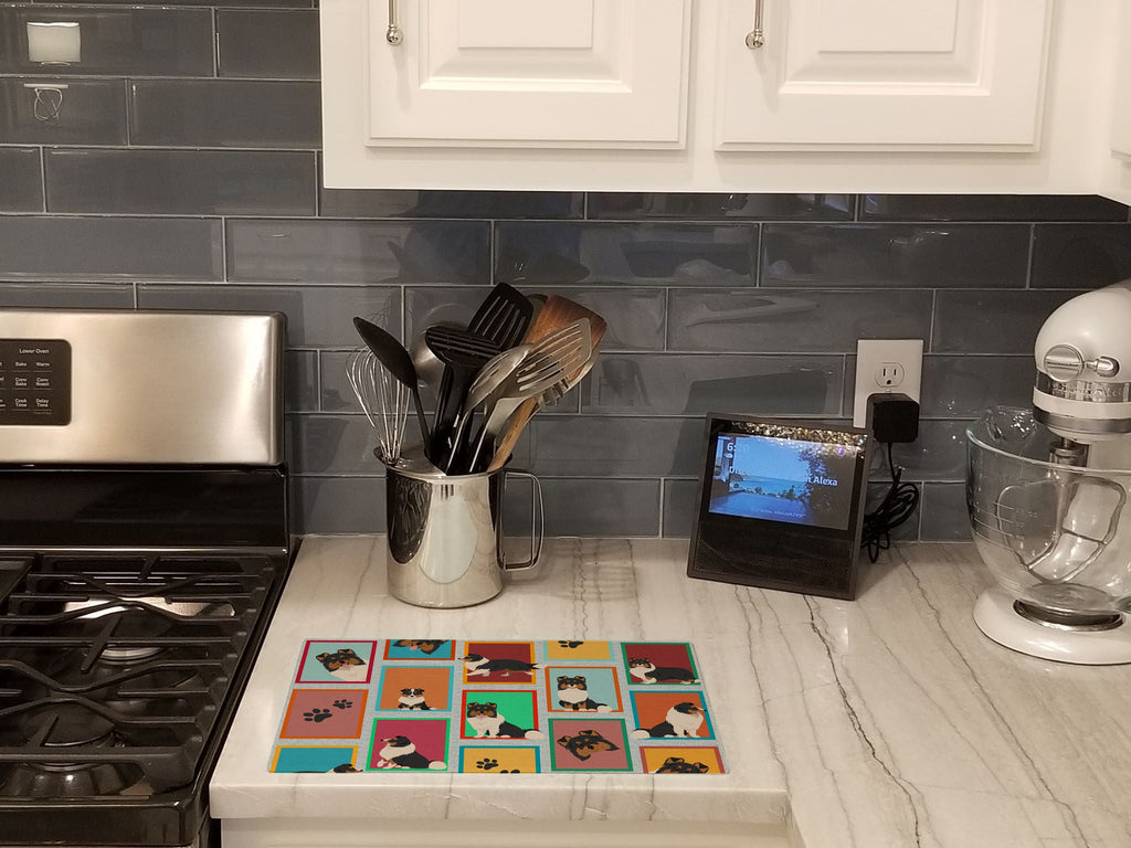 Lots of Tricolor Sheltie Cutting Board Tempered Glass Kitchen Cutting Surface, Heat Resistant Chopping, Non-Slip Feet, Food Prep & Serving