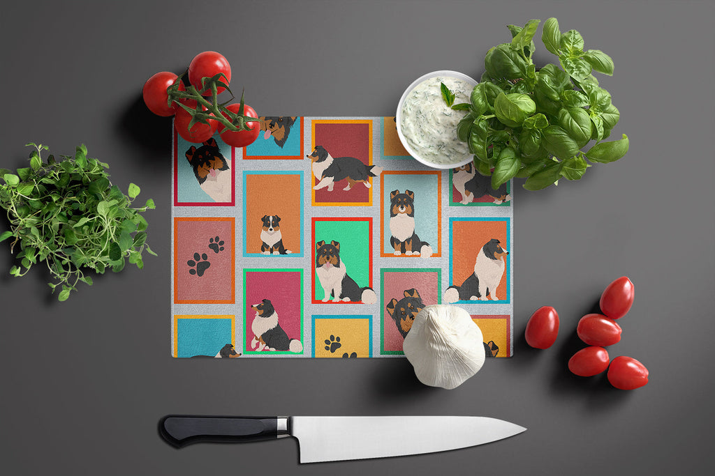 Lots of Tricolor Sheltie Cutting Board Tempered Glass Kitchen Cutting Surface, Heat Resistant Chopping, Non-Slip Feet, Food Prep & Serving