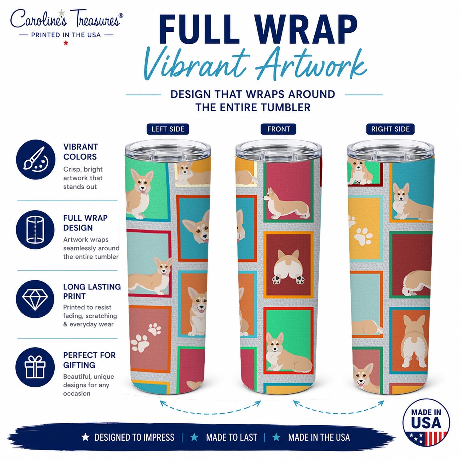 Lots of Fawn Pembroke Corgi Stainless Steel Skinny Tumbler 20 oz Vacuum Double Walled Reusable Insulated Travel Cup