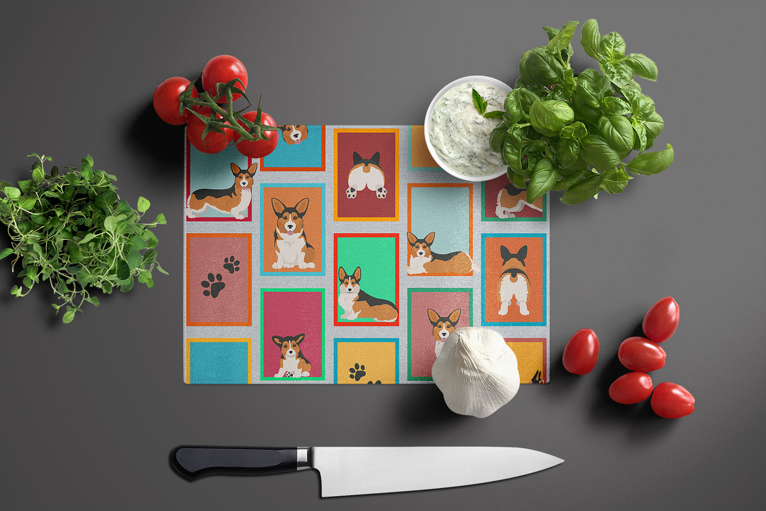 Lots of Sable Pembroke Corgi Cutting Board Tempered Glass Kitchen Cutting Surface, Heat Resistant Chopping, Non-Slip Feet, Food Prep & Serving