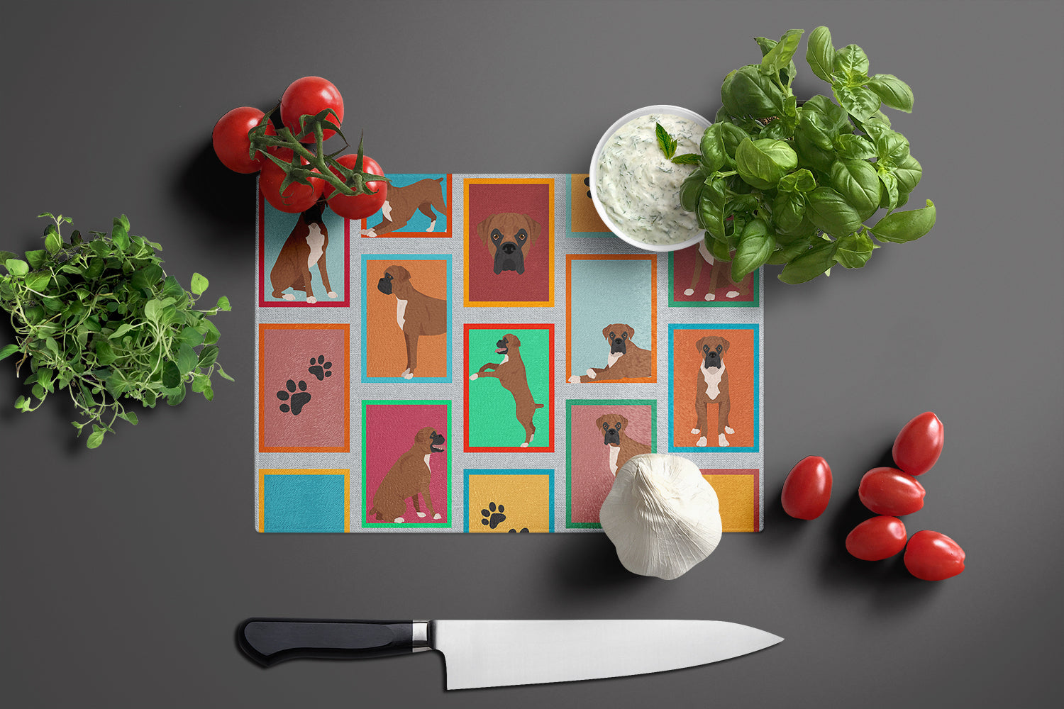 Lots of Black Face Boxer Cutting Board Tempered Glass Kitchen Cutting Surface, Heat Resistant Chopping, Non-Slip Feet, Food Prep & Serving