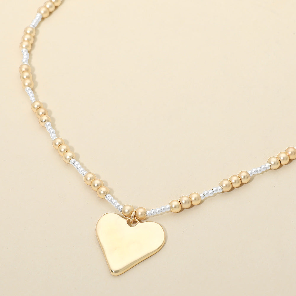 Brushed Hammered Metal Heart Pendant Beaded Chain Necklace