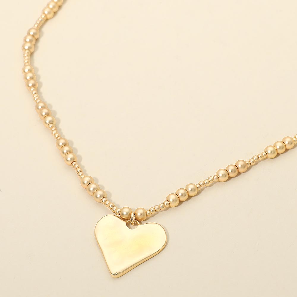 Brushed Hammered Metal Heart Pendant Beaded Chain Necklace