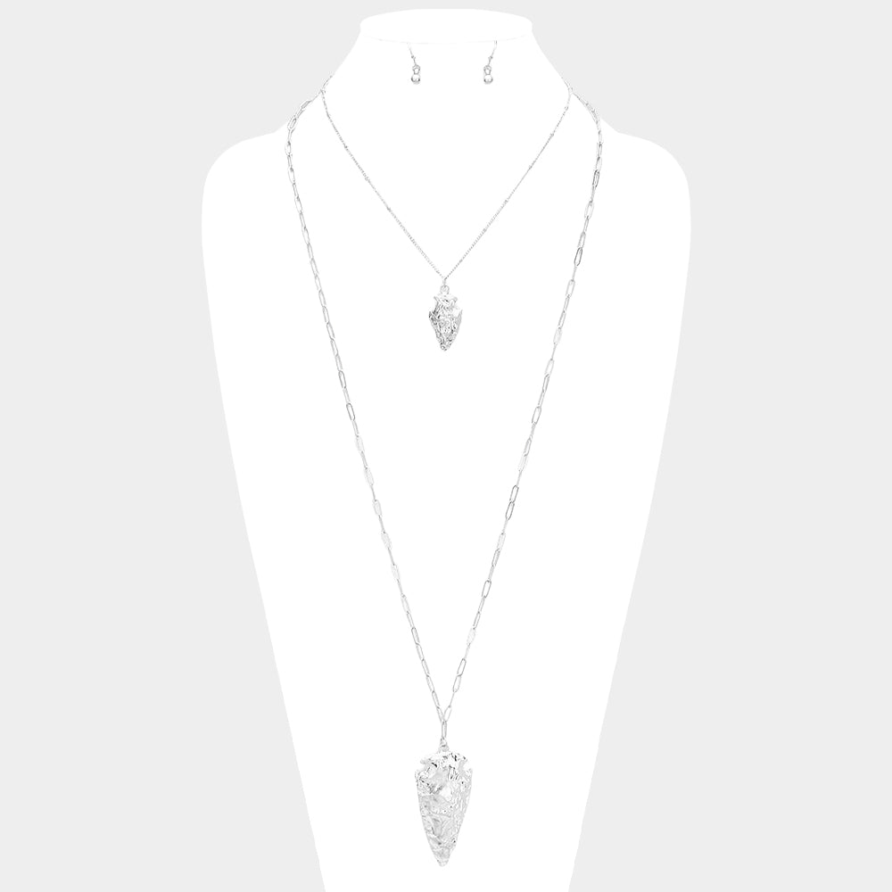Hammered Metal Abstract Pendant Chain Long Necklace