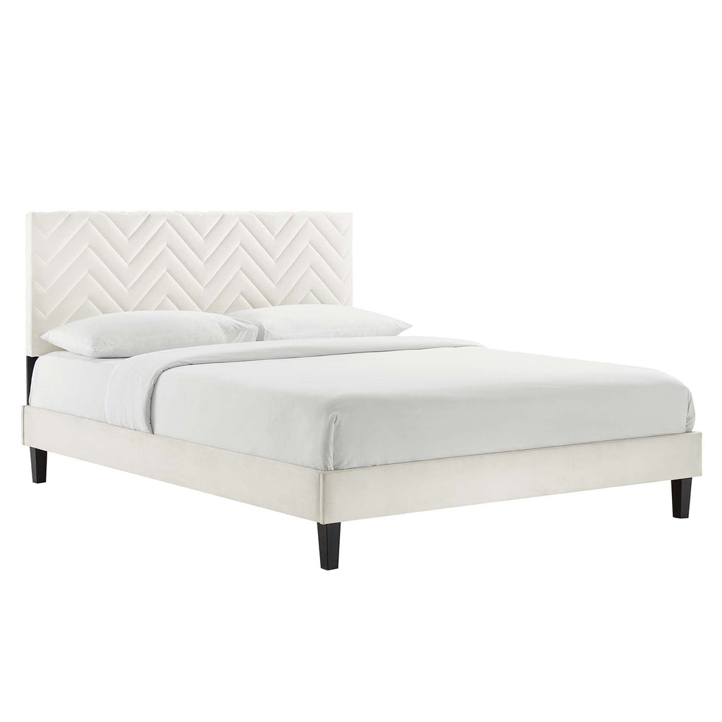 Leah Tapered Wood Leg Chevron Tufted Performance Velvet Twin Platform Bed by Modway