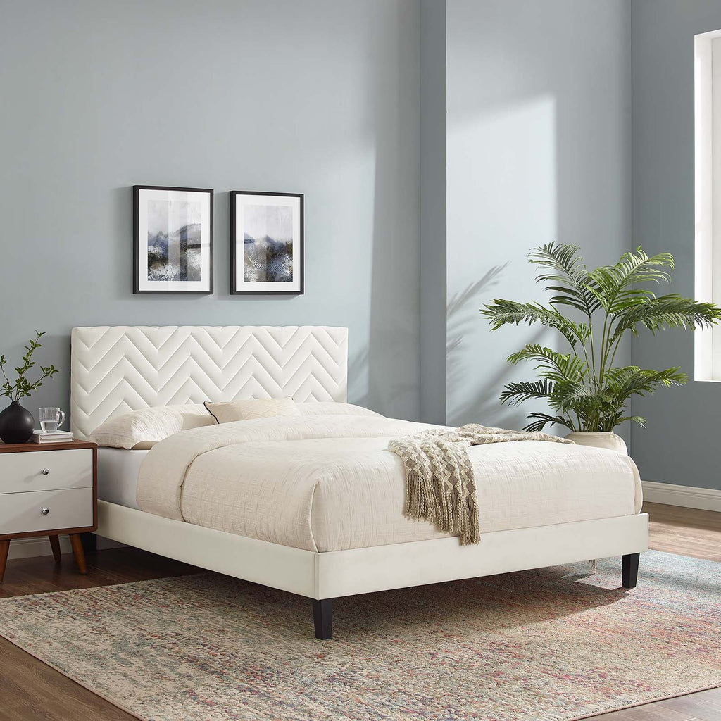 Leah Tapered Wood Leg Chevron Tufted Performance Velvet Twin Platform Bed by Modway