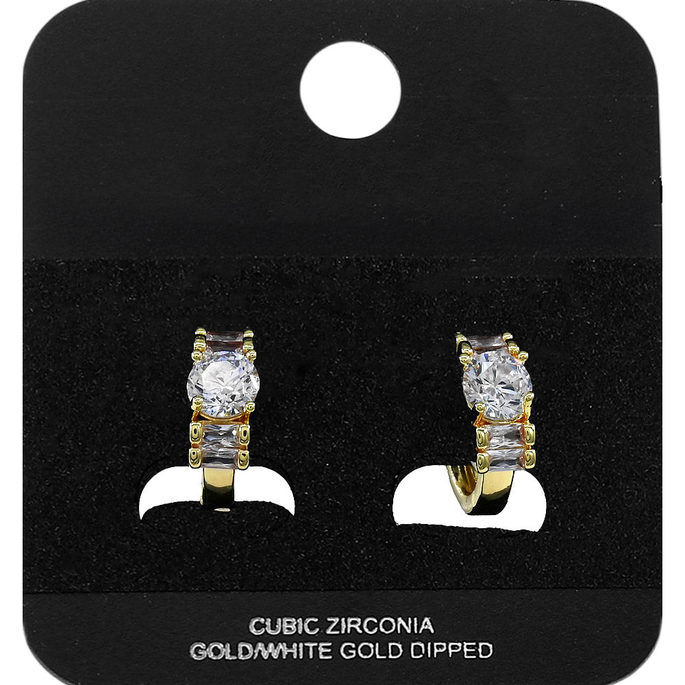 Gold Dipped Round Baguette CZ Mini Open Hoop Earrings