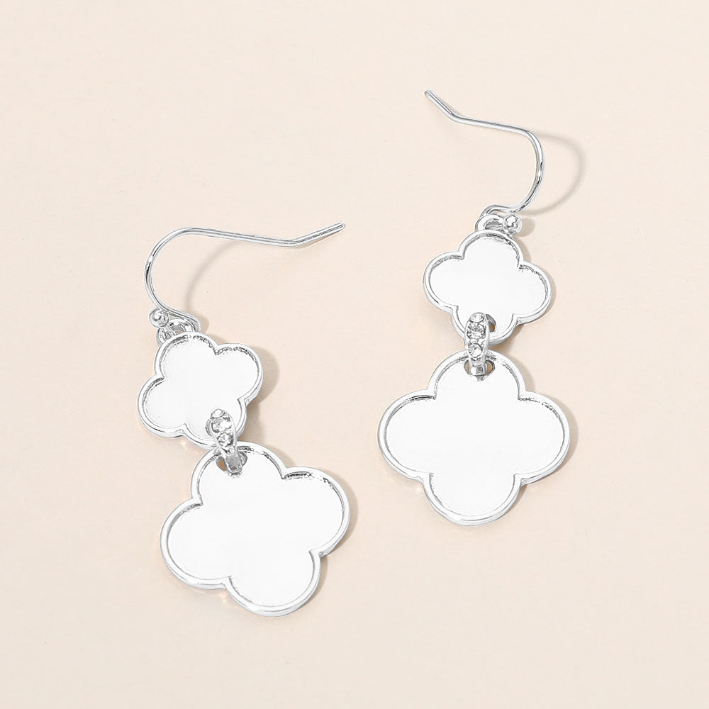 Rhinestone Pave Bar Link Quatrefoil Metal Plate Link Drop Earrings