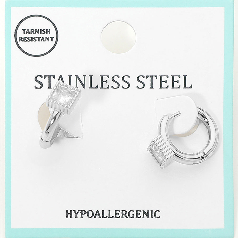 Stainless Steel Square Stone Accent Mini Huggie Hoop Earrings