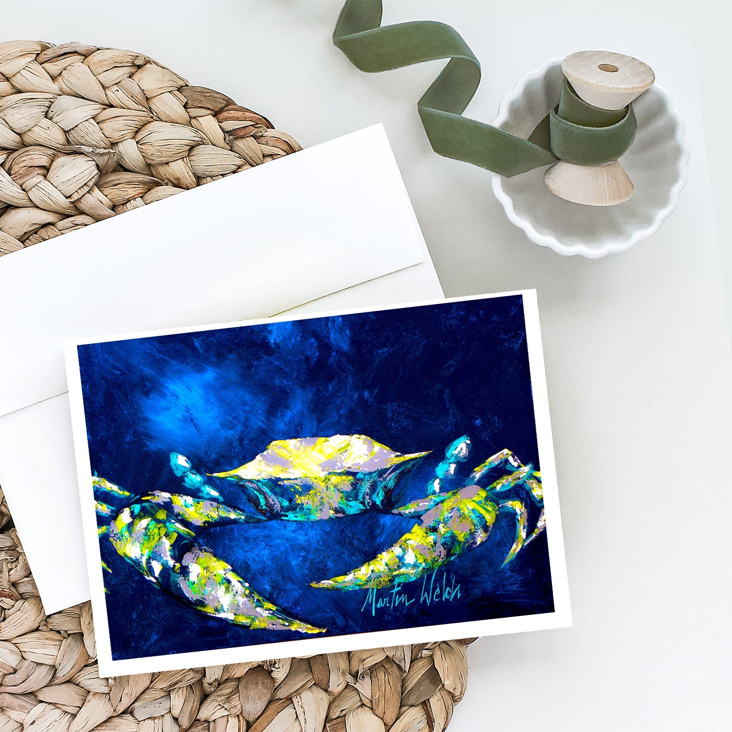 Crab Blue Greeting Cards Pack of 8 Blank Cards with Envelopes Whimsical A7 Size 5x7