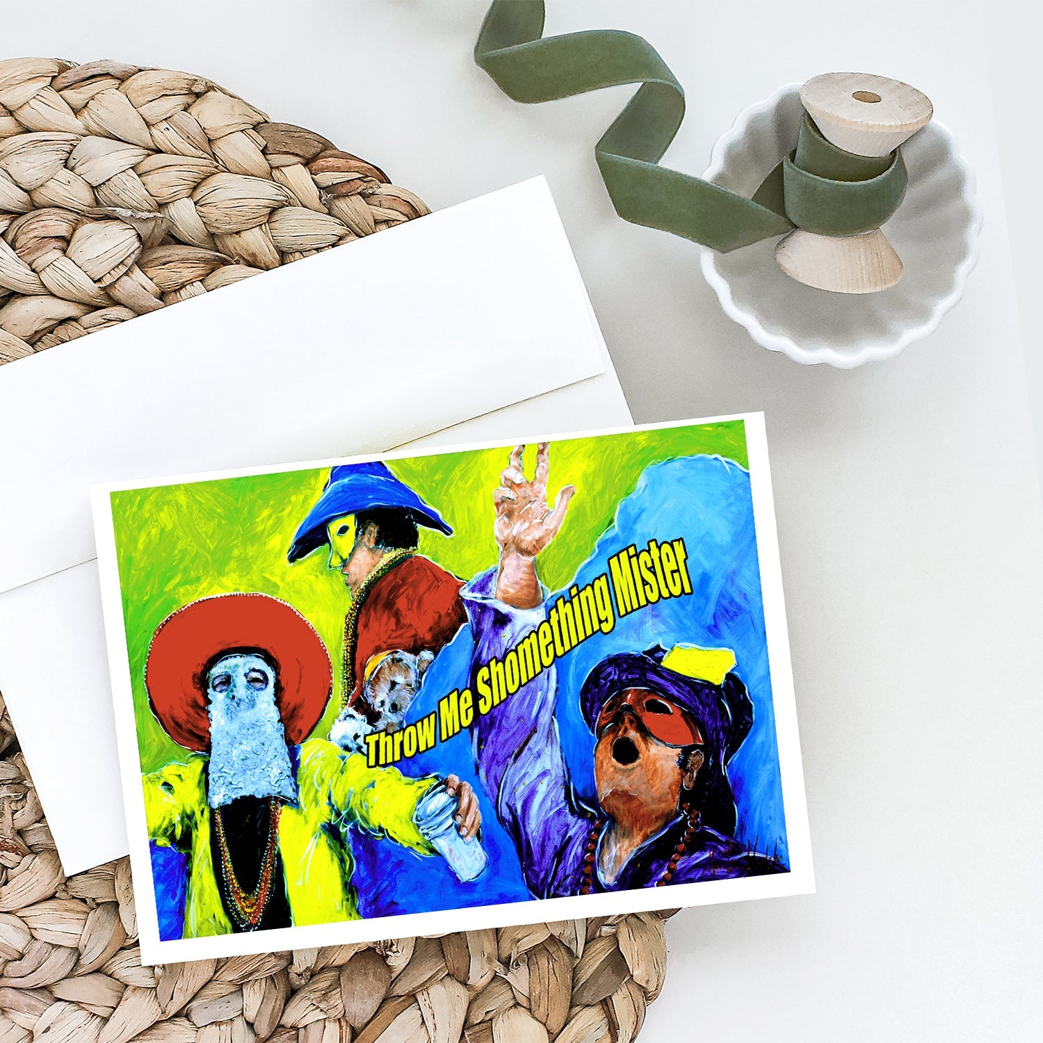 Mardi Gras Throw me something mister Greeting Cards Pack of 8 Blank Cards with Envelopes Whimsical A7 Size 5x7