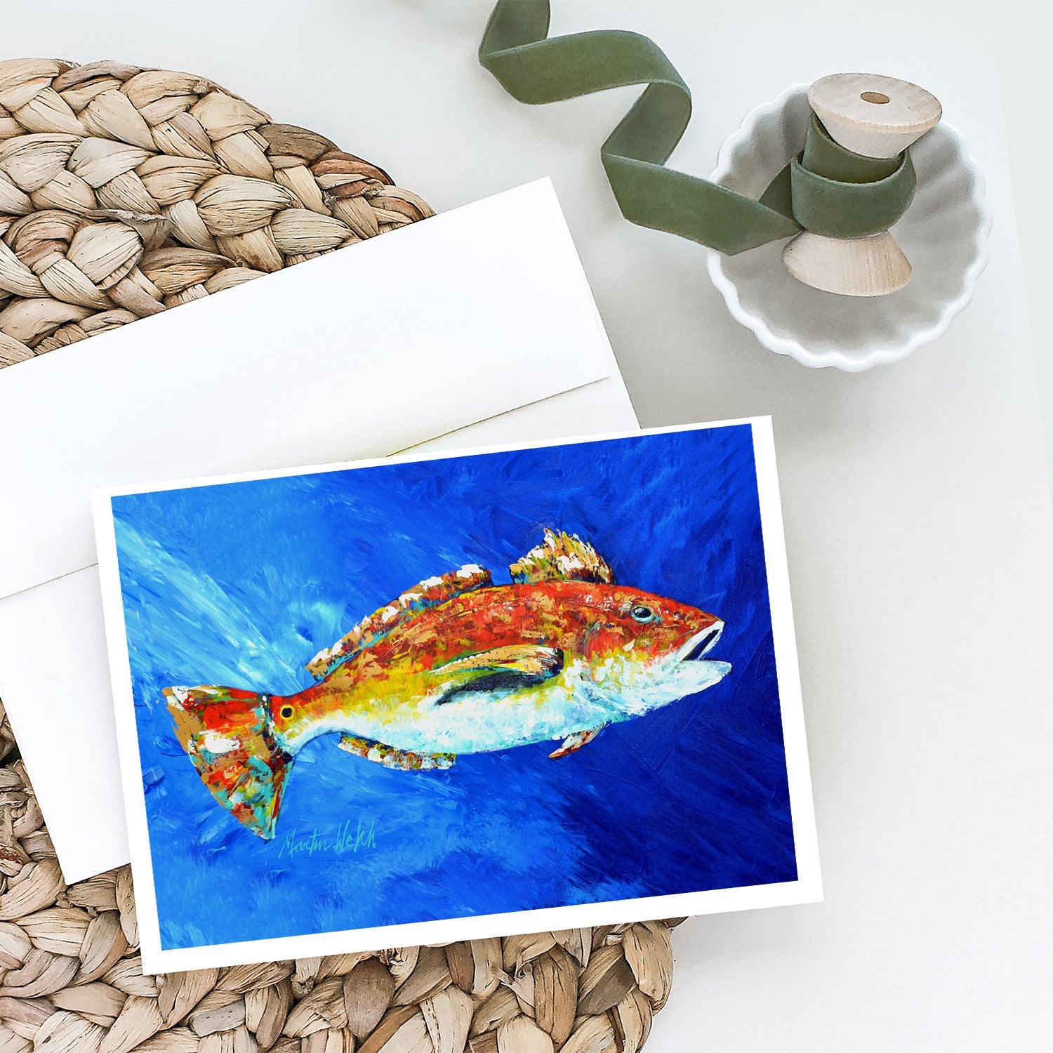 Red Fish White Spin Greeting Cards Pack of 8 Blank Cards with Envelopes Whimsical A7 Size 5x7
