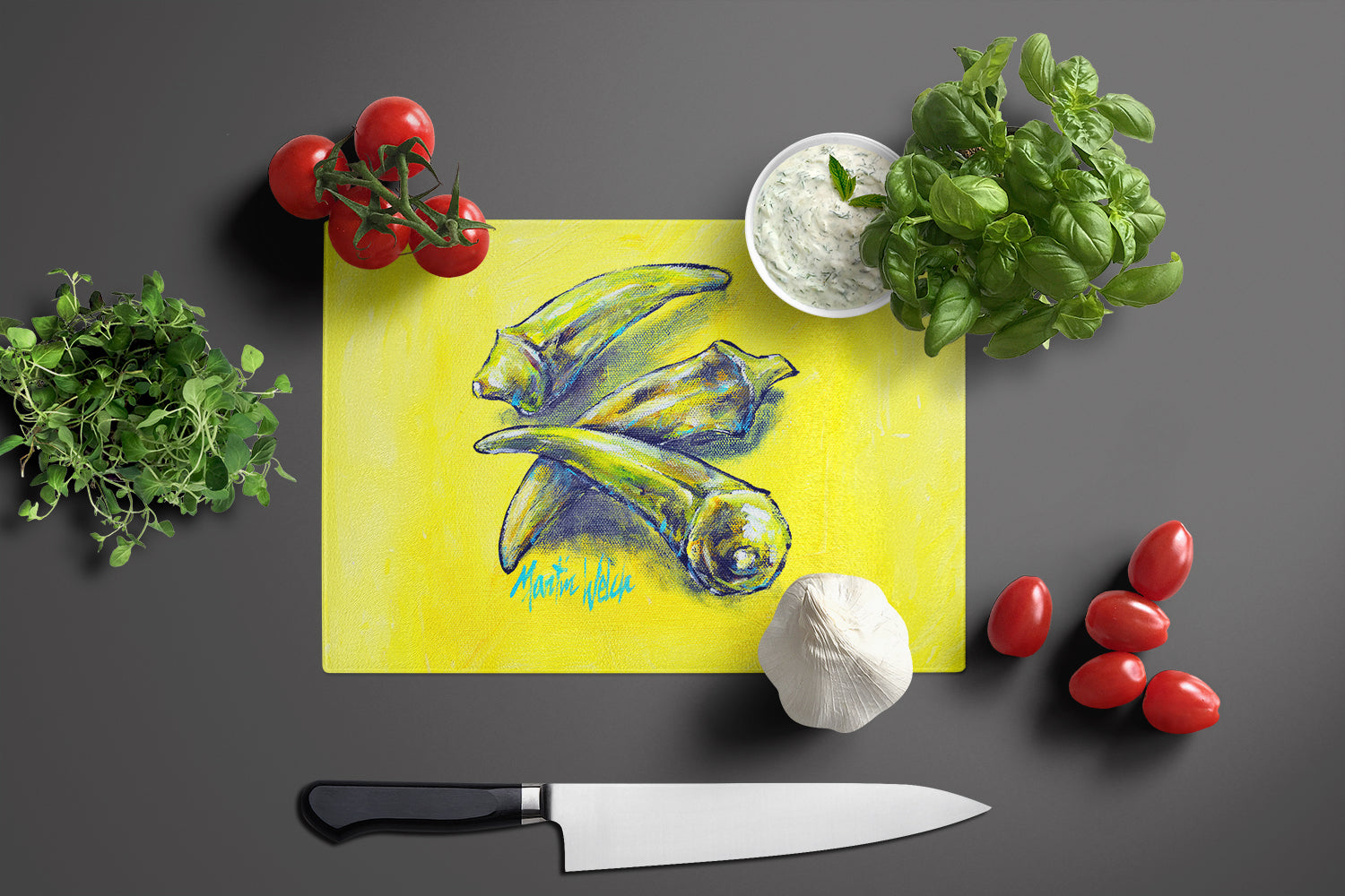 Three to Get Ready Okra Cutting Board Tempered Glass Kitchen Cutting Surface, Heat Resistant Chopping, Non-Slip Feet, Food Prep & Serving