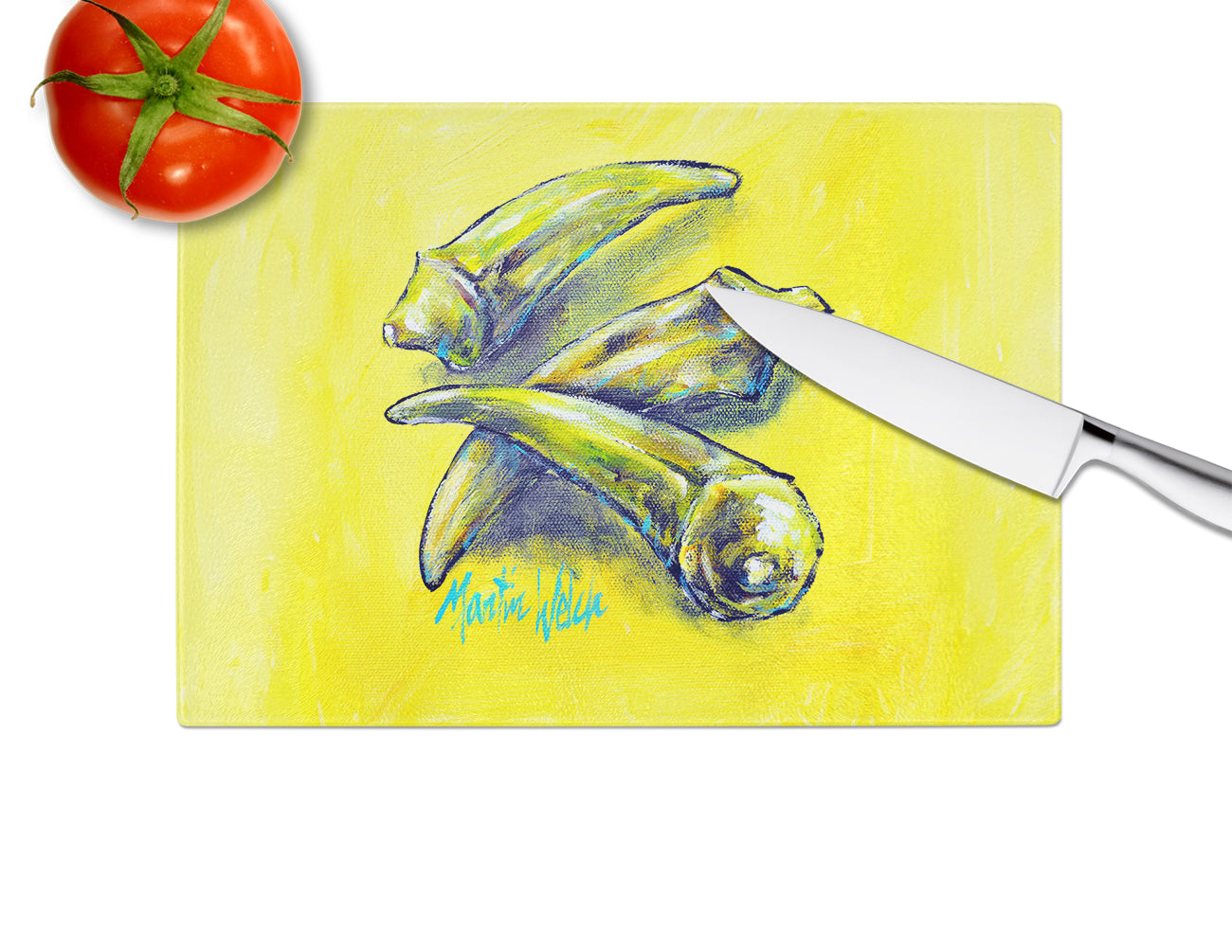 Three to Get Ready Okra Cutting Board Tempered Glass Kitchen Cutting Surface, Heat Resistant Chopping, Non-Slip Feet, Food Prep & Serving