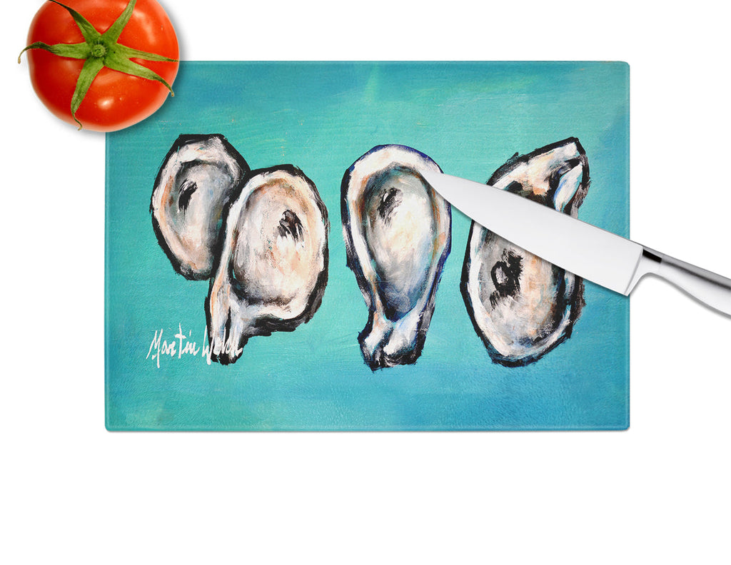 Four Oyster Shells on Board Cutting Board Tempered Glass Kitchen Cutting Surface, Heat Resistant Chopping, Non-Slip Feet, Food Prep & Serving
