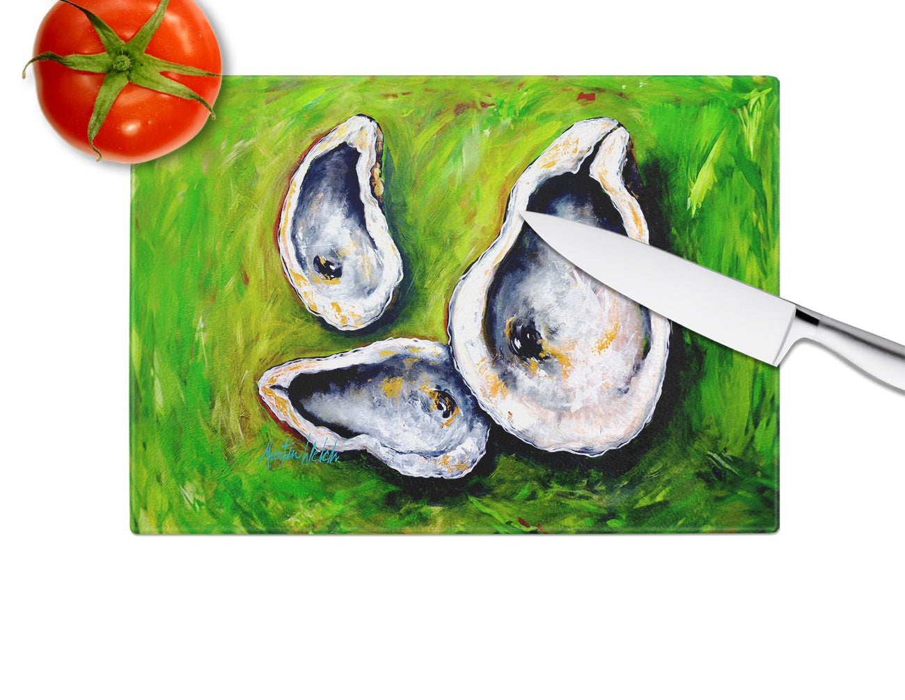 All Shucked Oysters Cutting Board Tempered Glass Kitchen Cutting Surface, Heat Resistant Chopping, Non-Slip Feet, Food Prep & Serving