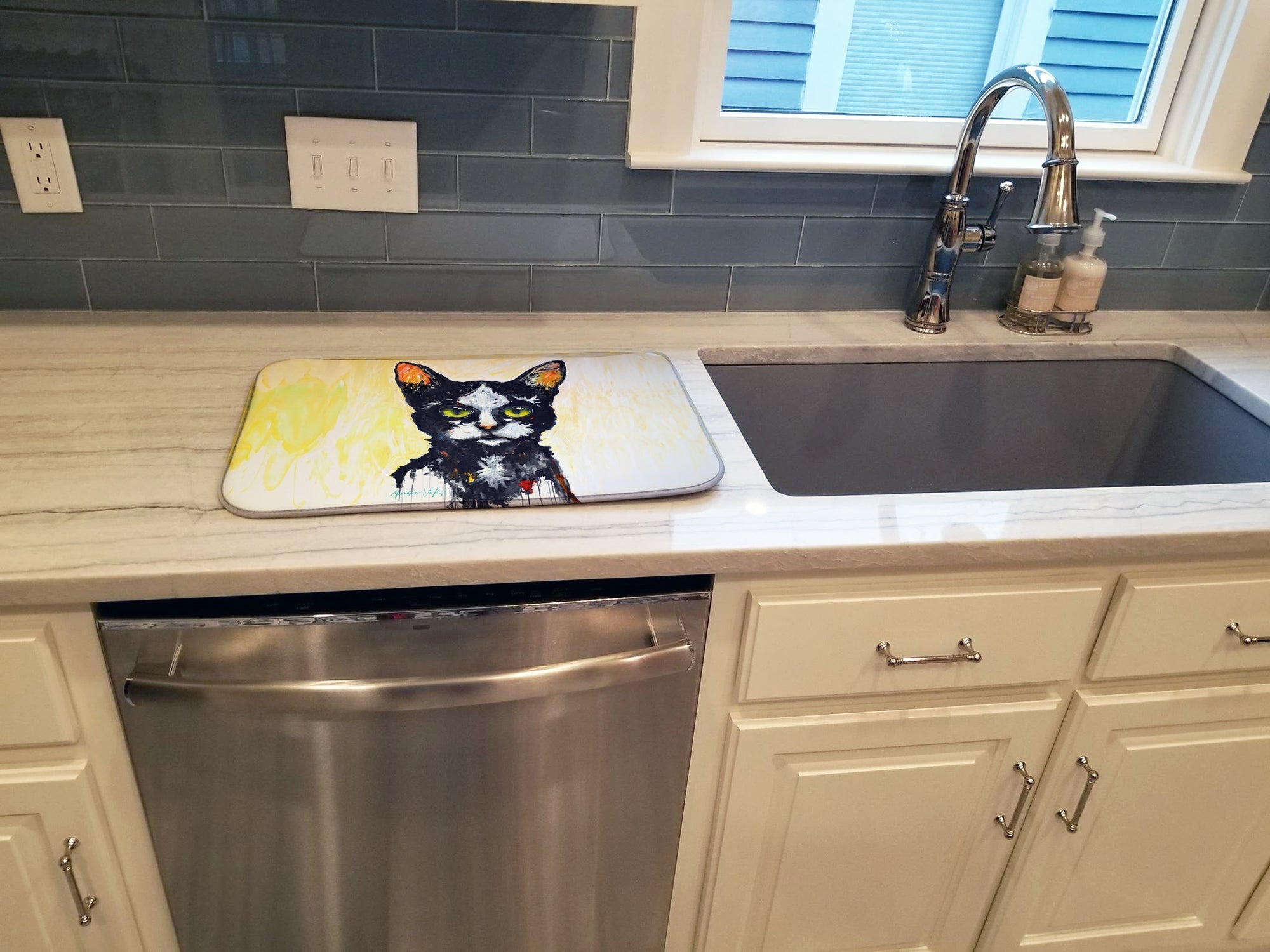 Big Kitty Cat Dish Drying Mat Absorbent Dish Drying Mat Pad for Kitchen Counter Dish Drainer Mat for Countertop, 14 x 21", Multicolor